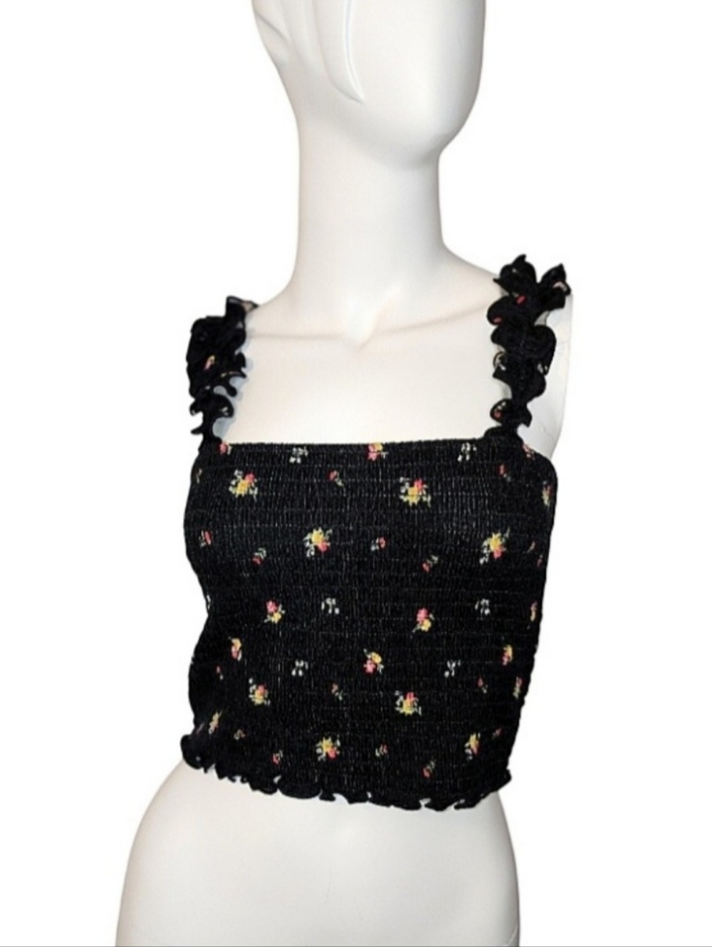 Forever 21 Black Floral Smocked Crop Top with Ruffled Straps Size S